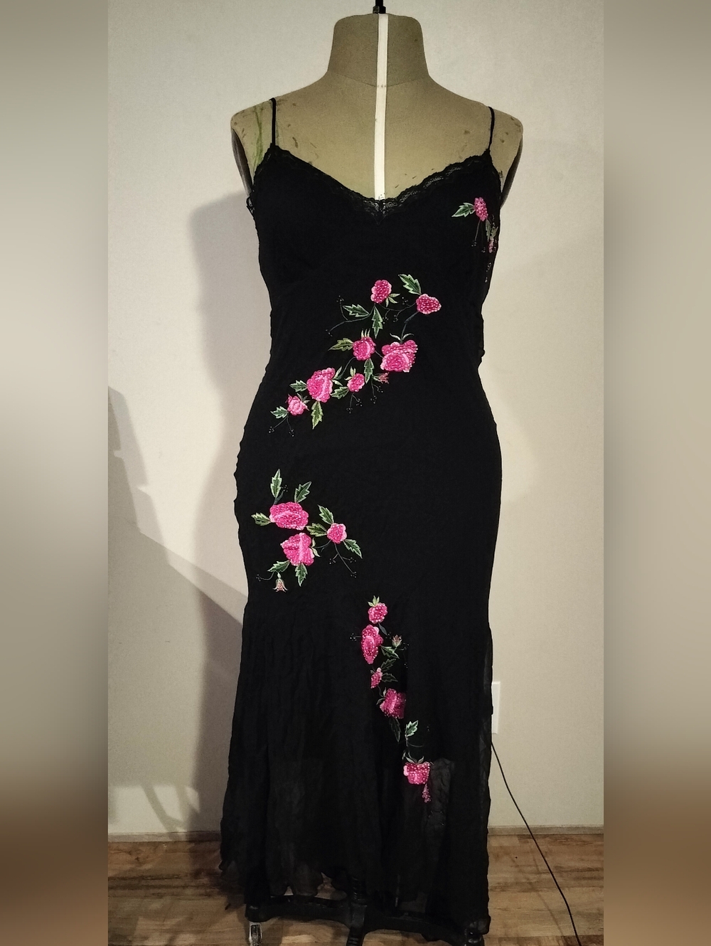 MARINA Black Maxi Slip Dress with Pink Rose Embroidery